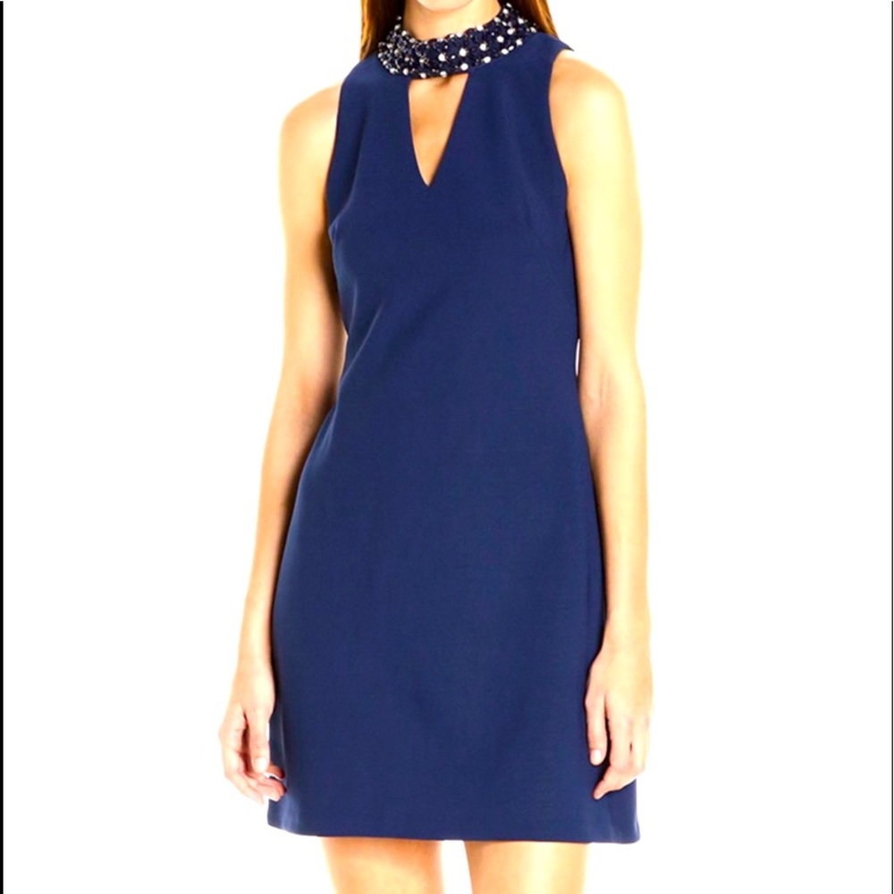 Navy Cocktail Dress with Jeweled Neck